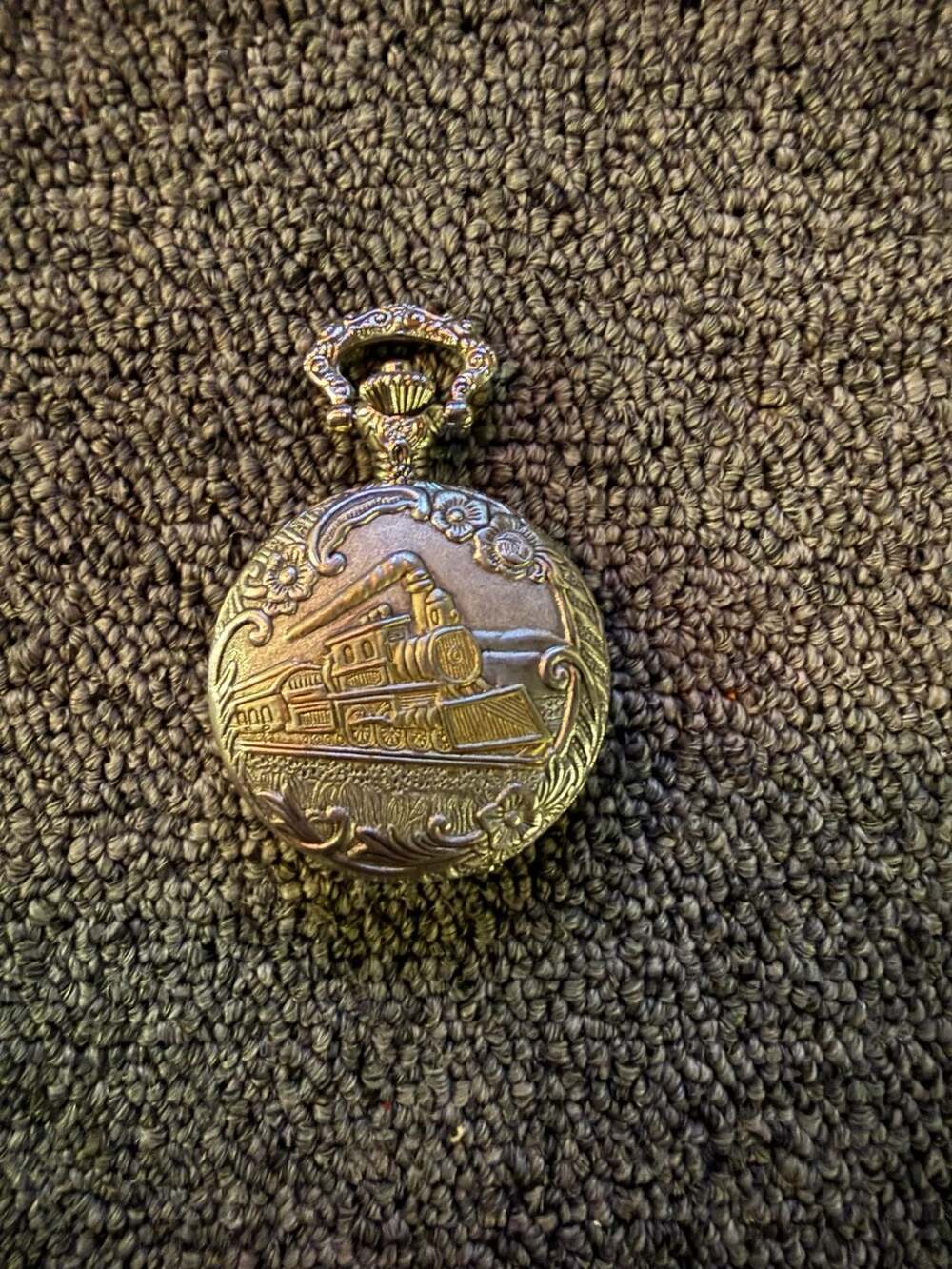 Watch-It Vintage Style Quartz Pocket Watch with Embossed Train Locomotive Design